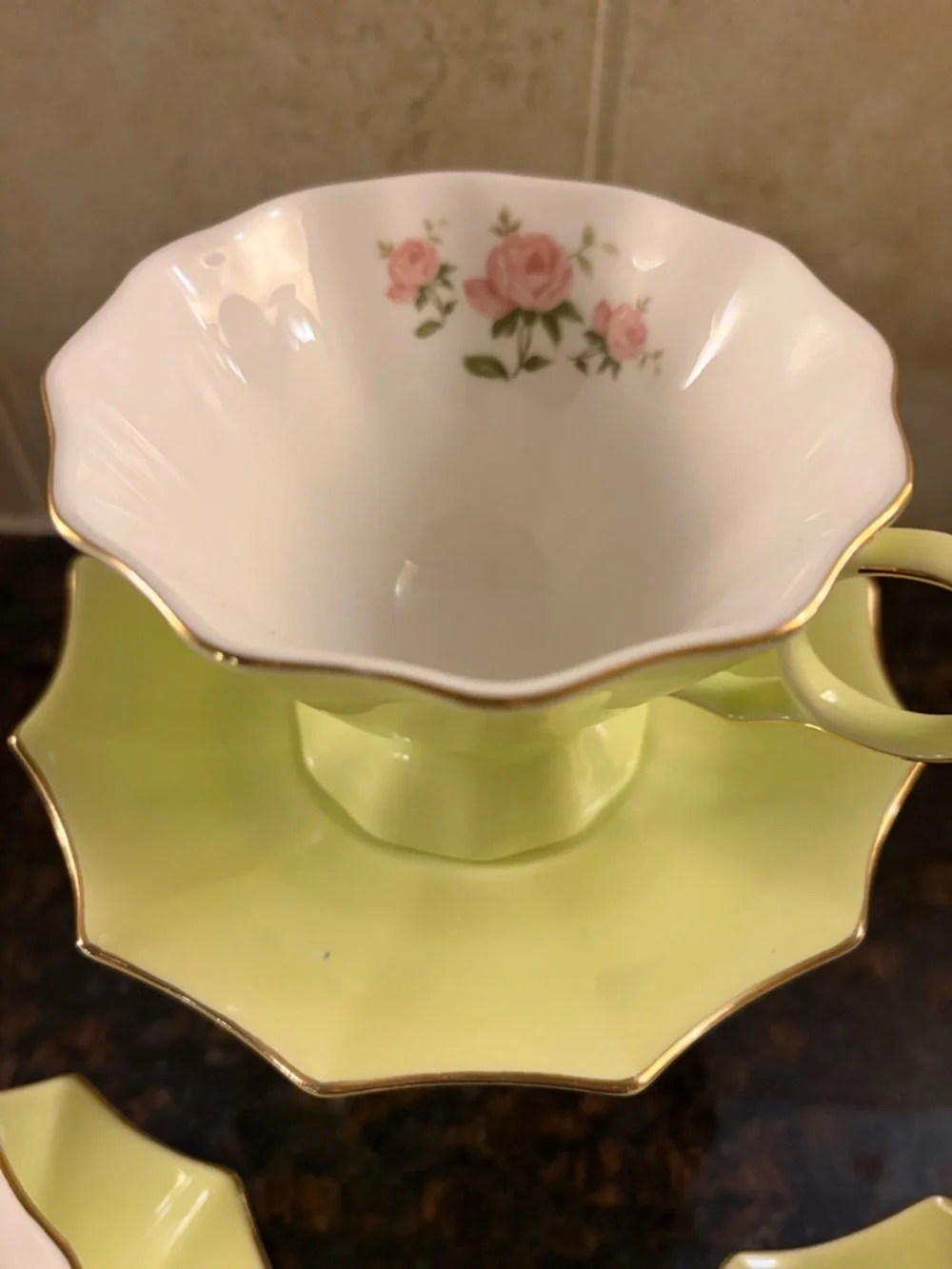 Tea cups and saucers by Meritage key lime and pink rose unique. 3 sets.